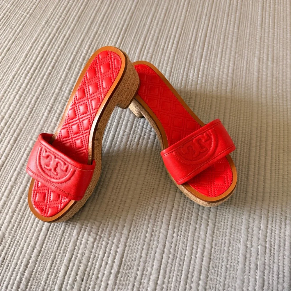 NEW Tory Burch Women's Ines Red Leather Espadrille Platform Slide Sandals 6.5M